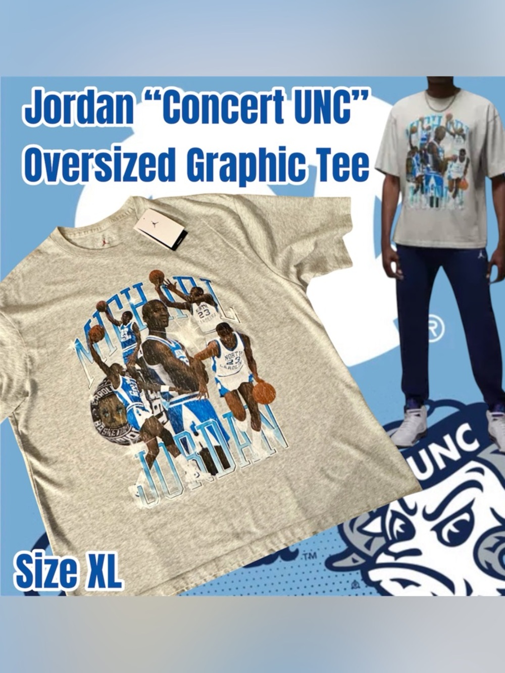 Jordan Men's Concert UNC Oversized Graphic Tee - Grey, Size XL